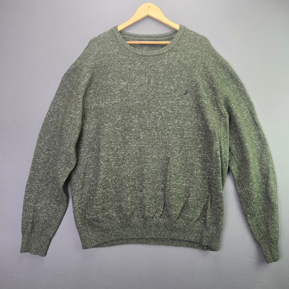 Nautica Sweater Mens XXL Green Marled Crewneck Pullover Cotton Blend Long Sleeve
